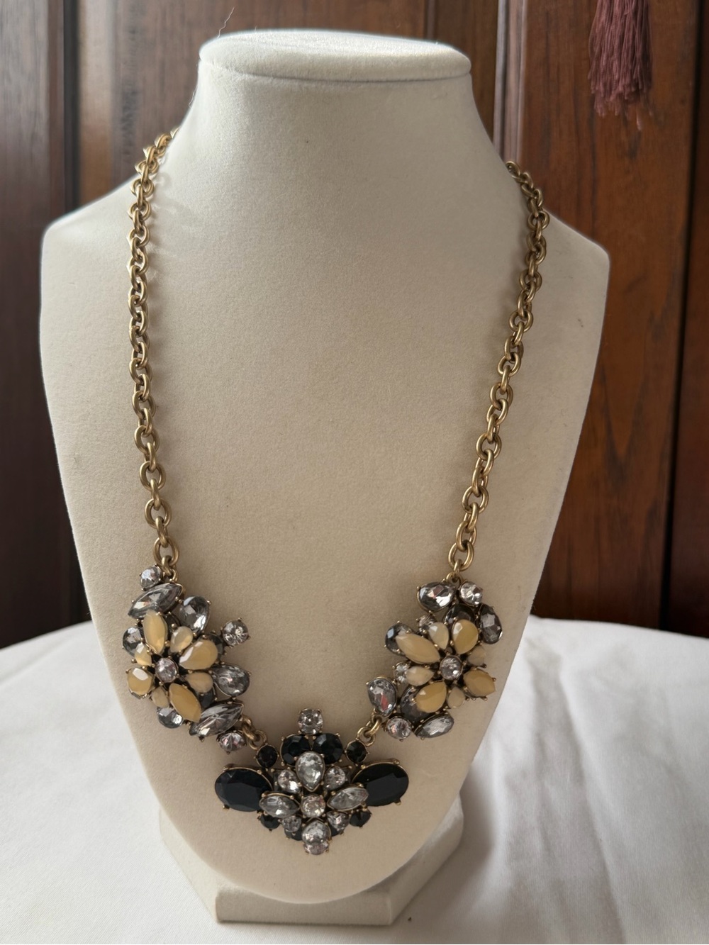 J. Crew Gold-Tone Floral Cluster Necklace with Cream and Black Stones